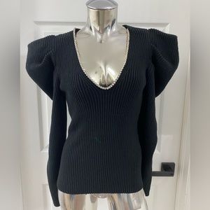 New express v neck puff sleeve embellished sweater black sz large